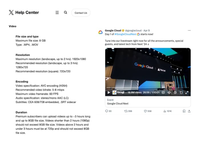Summary from Twitter's video specifications Screenshot of summary from Twitter's video specifications
